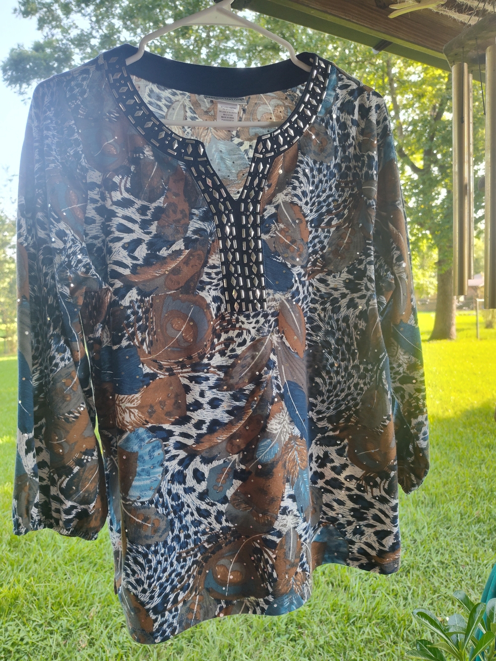 Rebecca Malone Mixed Print Tunic Top in Brown & Blue